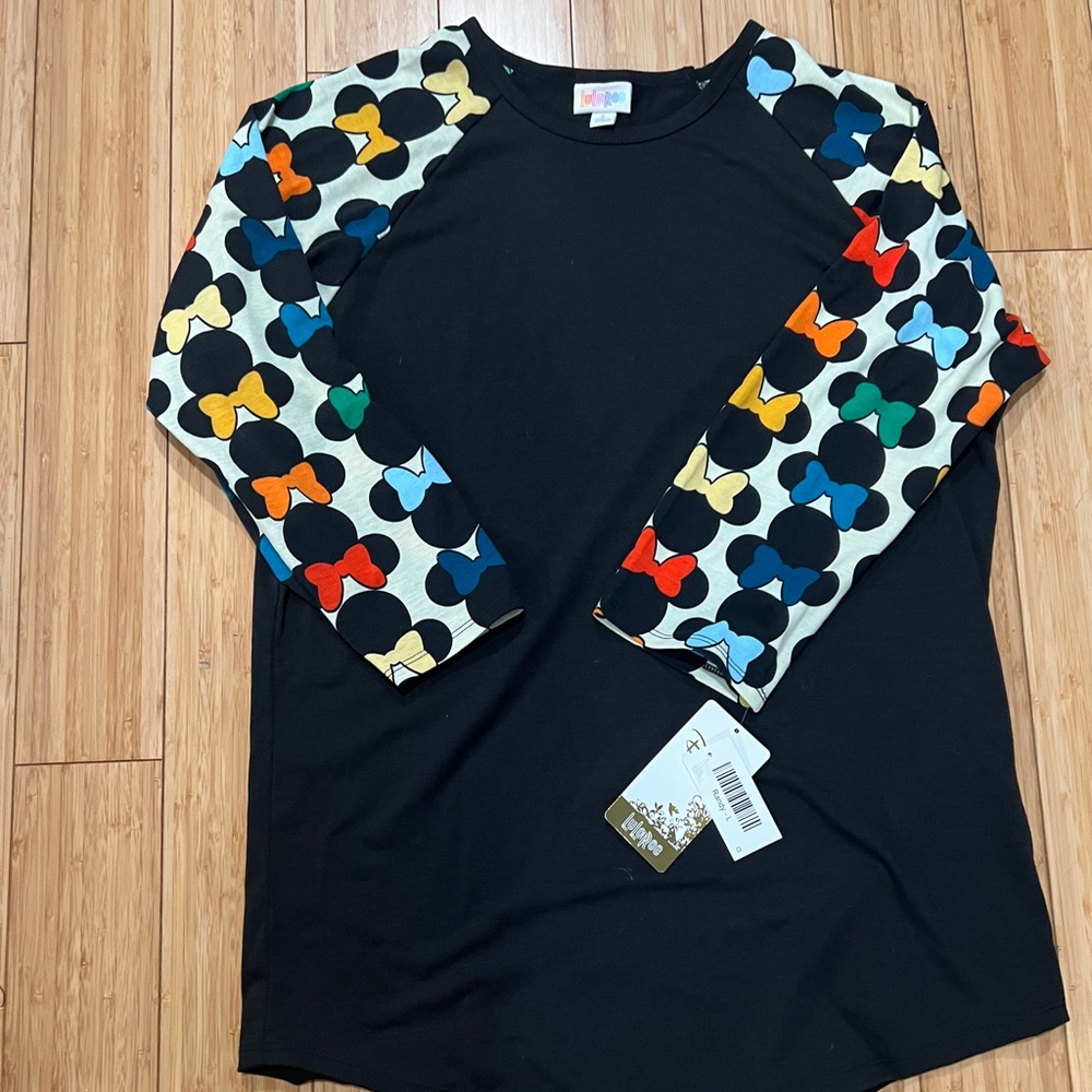 New LuLaRoe Randy Black Top with Colorful Minnie Mouse 3/4 Sleeves